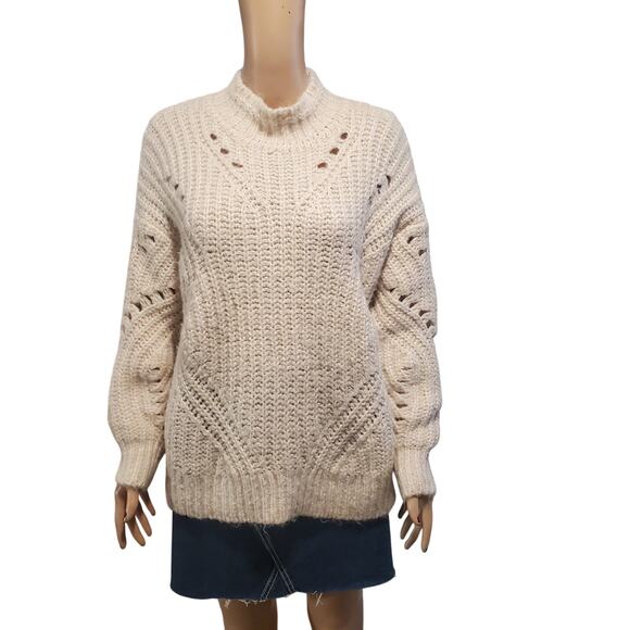 LOFT Size L Loose Chunky Knit Sweater Baby Pink Mock Neck Acrylic Alpaca Blend - Picture 1 of 9